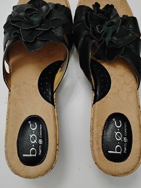 b.o.c. Black Floral Leather Slide Mules